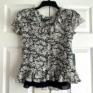 Lauren Ralph Lauren Ruffle Sleeve Silk Floral Blouse Size 4 NWT